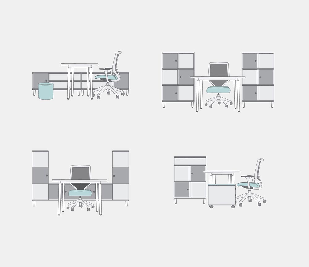 Line art of possible office configurations utilizing Lewis furniture.