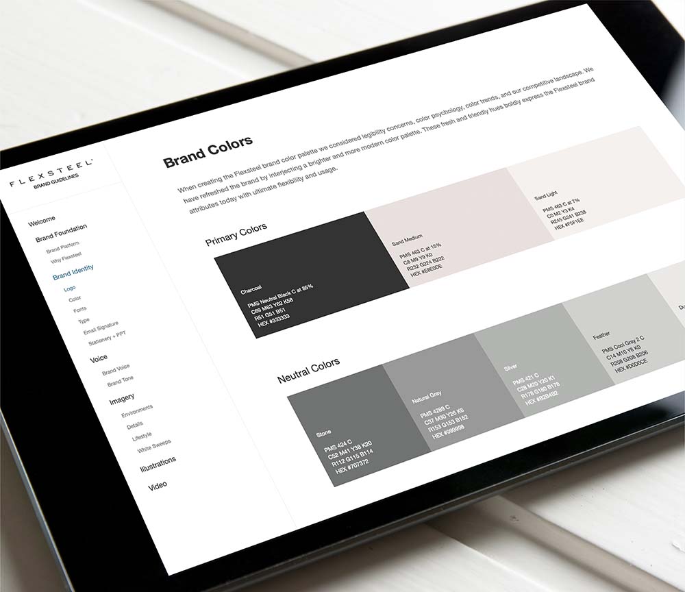 Tablet displaying the Flexsteel brand guidelines website. Showing the brand colors section which shows the brand primary and neutral color swatches.